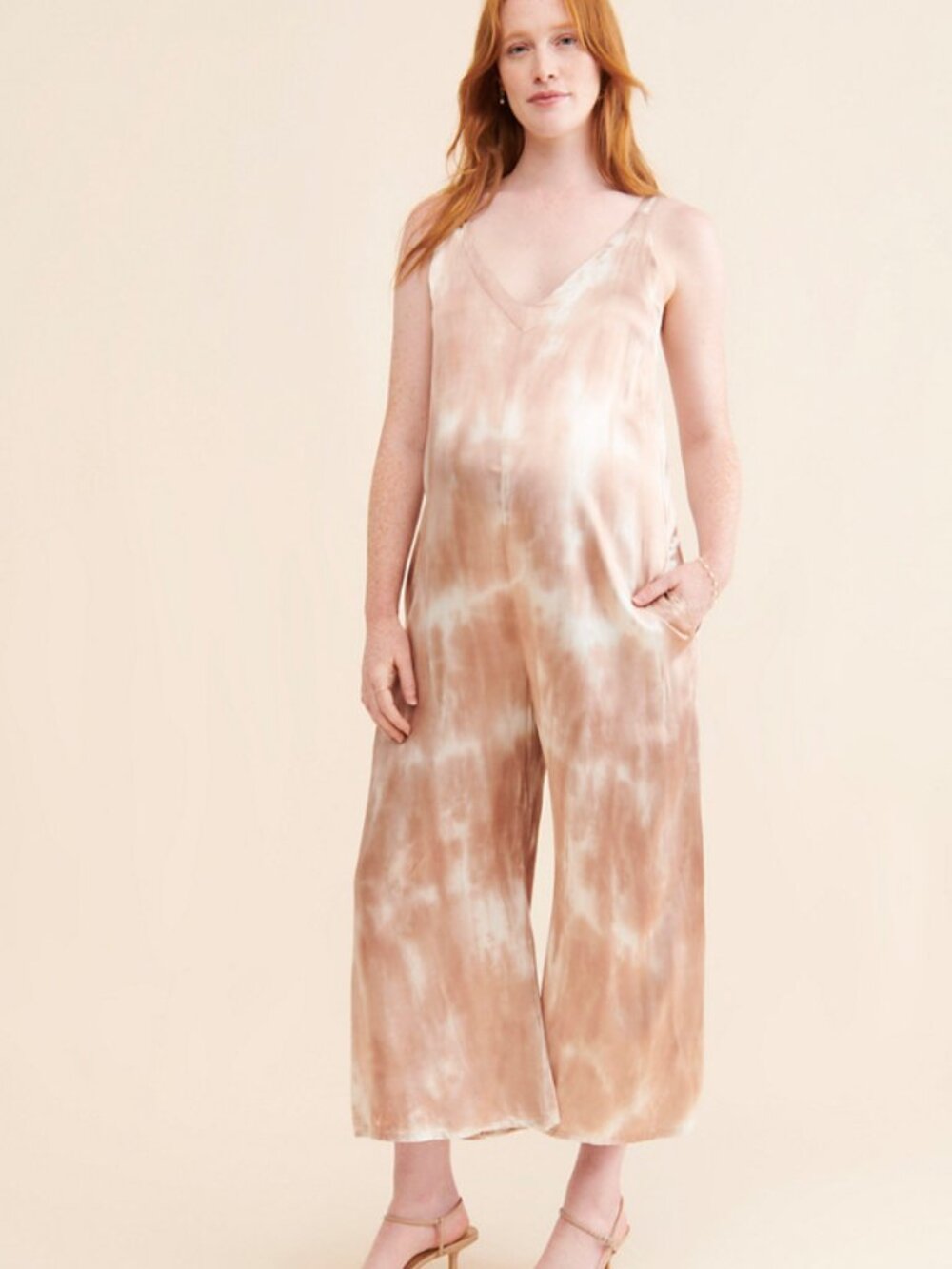 LACAUSA Beige Maternity Santi Tie-Dye Jumpsuit Size Small 38562